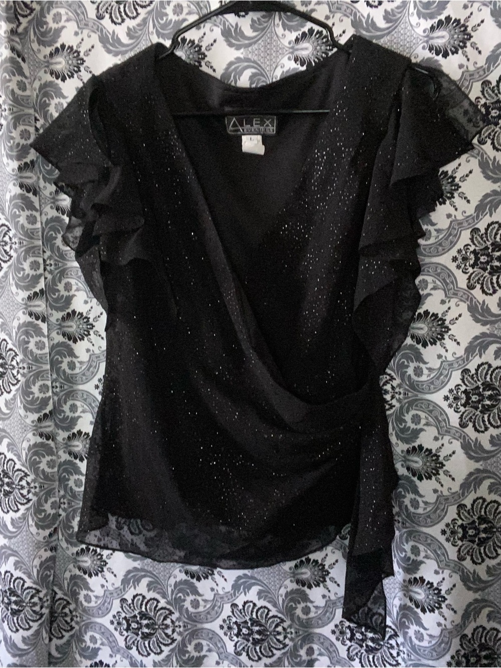 Alex Evenings Black Sparkle Flutter-Sleeve Wrap Blouse